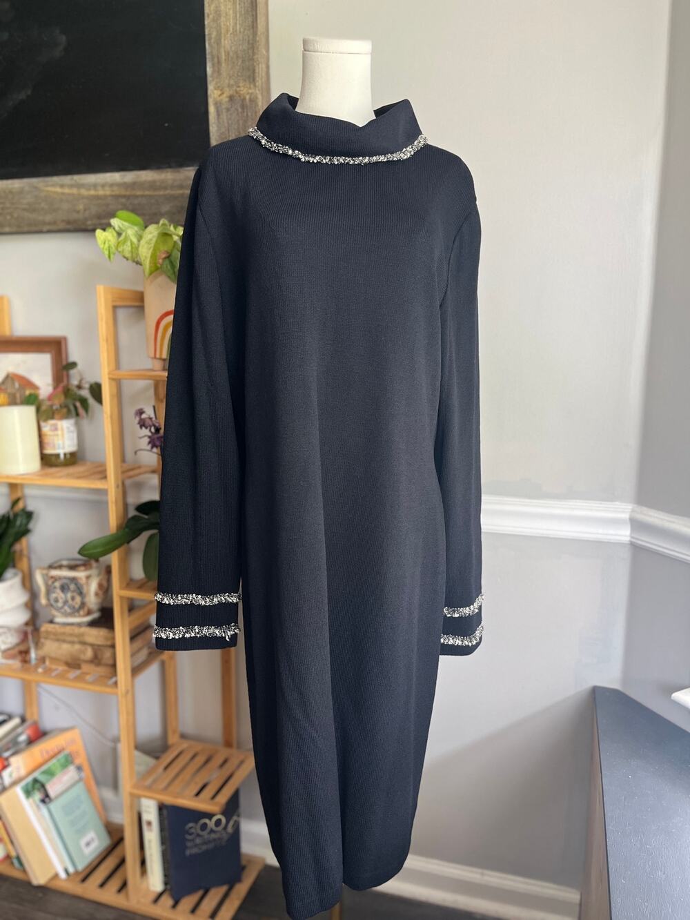 Vintage Y2K Navy Knit Midi Dress St. John NWT Turtleneck Wool Blend Size 16 XL